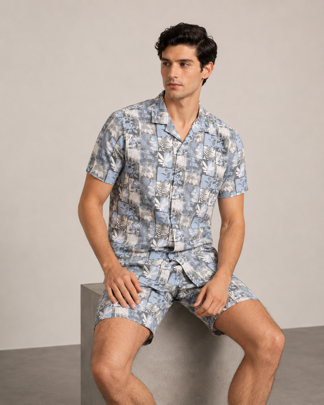 Men’s Blue Patchwork Printed Cord Set | Shirt & Shorts Co-ord