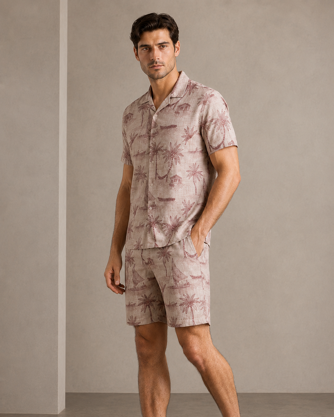 Men’s Blush Palm Printed Cord Set | Shirt & Shorts Co-ord