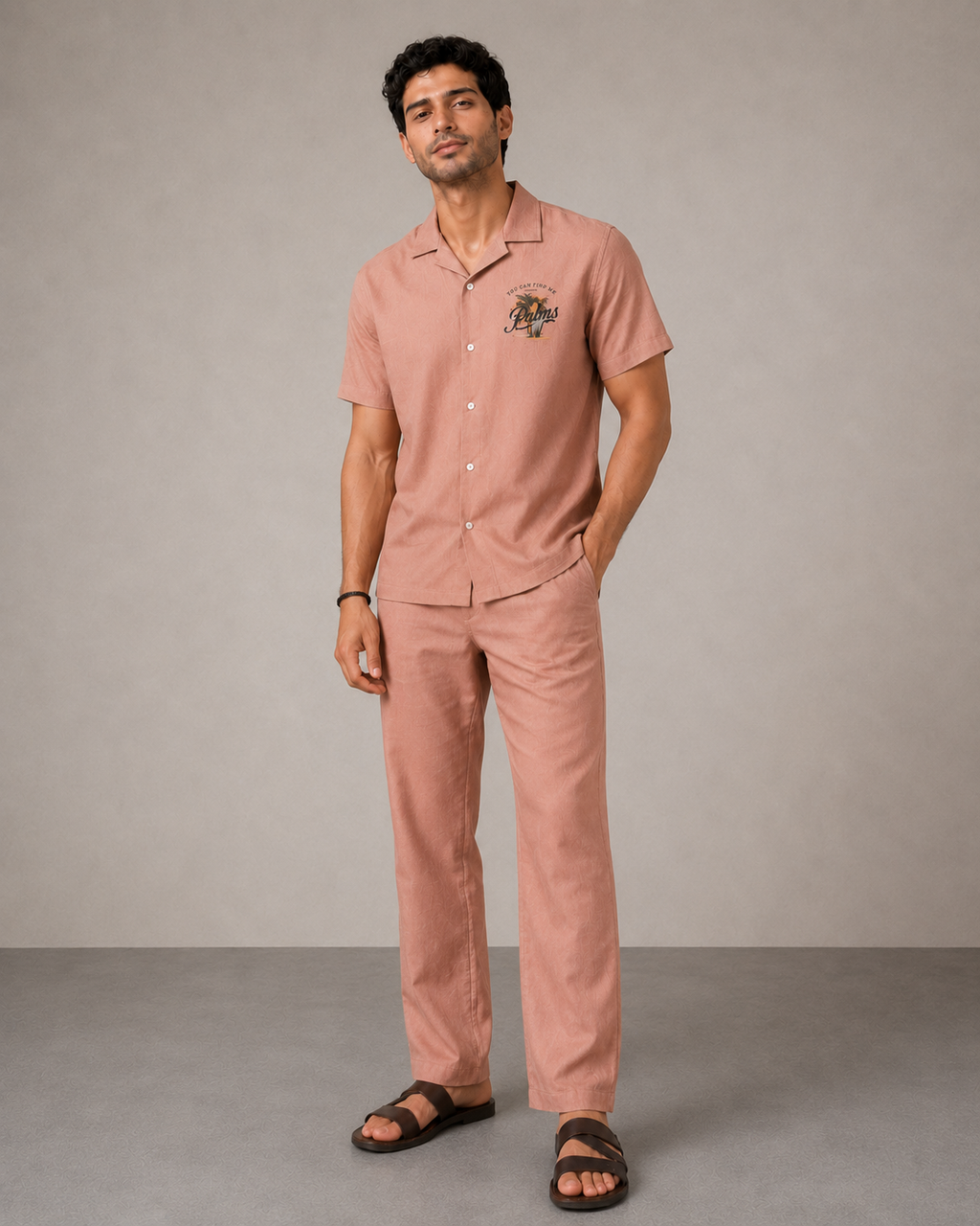 Men’s Blush Pink Pure Linen PJ Cord Set | 60 Lea Premium Linen Shirt & Pyjama Co-ord | Luxury Loungewear & Resort Set
