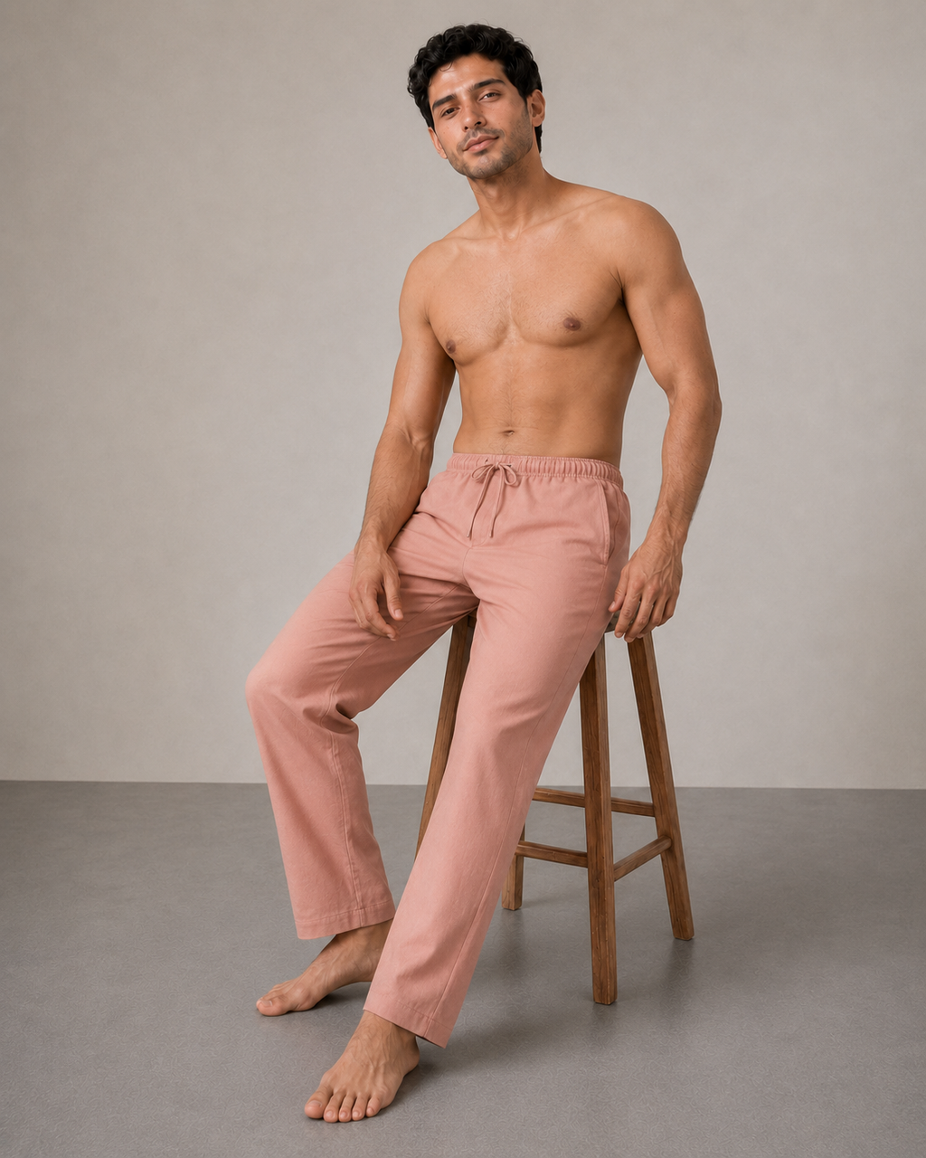 Men’s Blush Pink Pure Linen PJ Cord Set | 60 Lea Premium Linen Shirt & Pyjama Co-ord | Luxury Loungewear & Resort Set