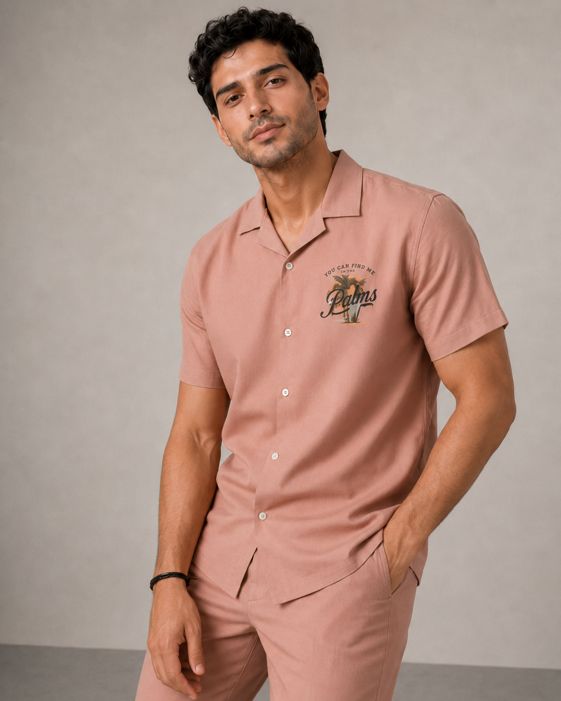 Men’s Blush Pink Pure Linen PJ Cord Set | 60 Lea Premium Linen Shirt & Pyjama Co-ord | Luxury Loungewear & Resort Set
