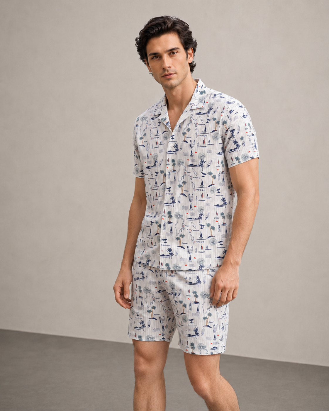 Men’s Coastal Sketch Printed Cord Set | Shirt & Shorts Co-ord