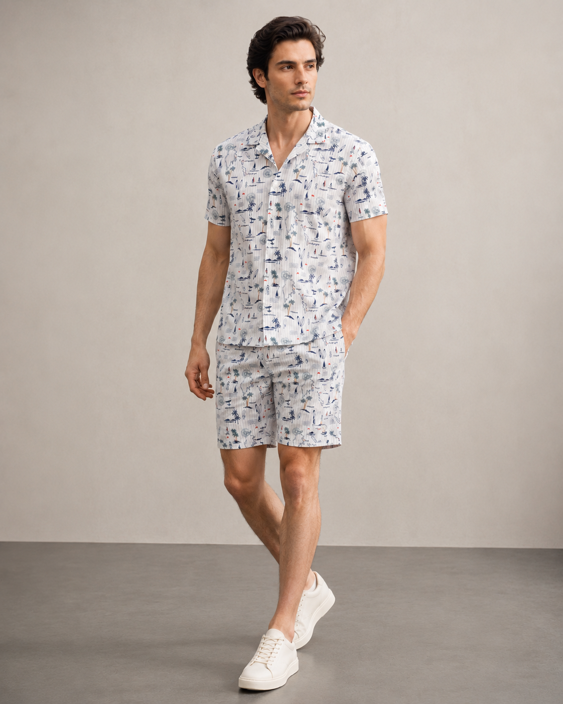 Men’s Coastal Sketch Printed Cord Set | Shirt & Shorts Co-ord