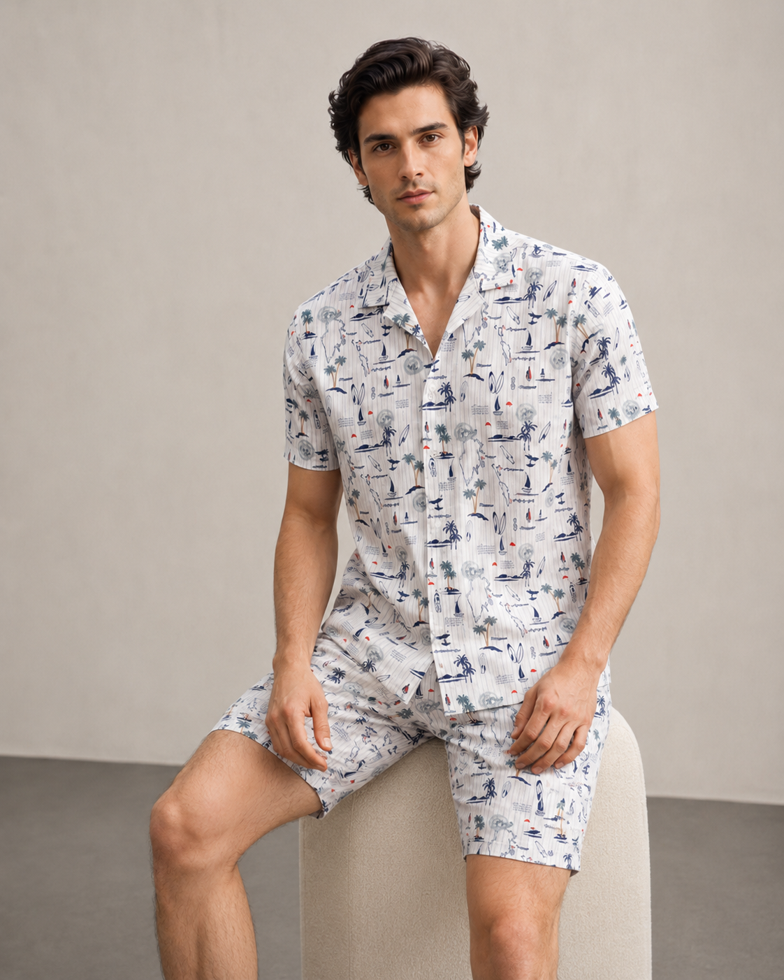 Men’s Coastal Sketch Printed Cord Set | Shirt & Shorts Co-ord