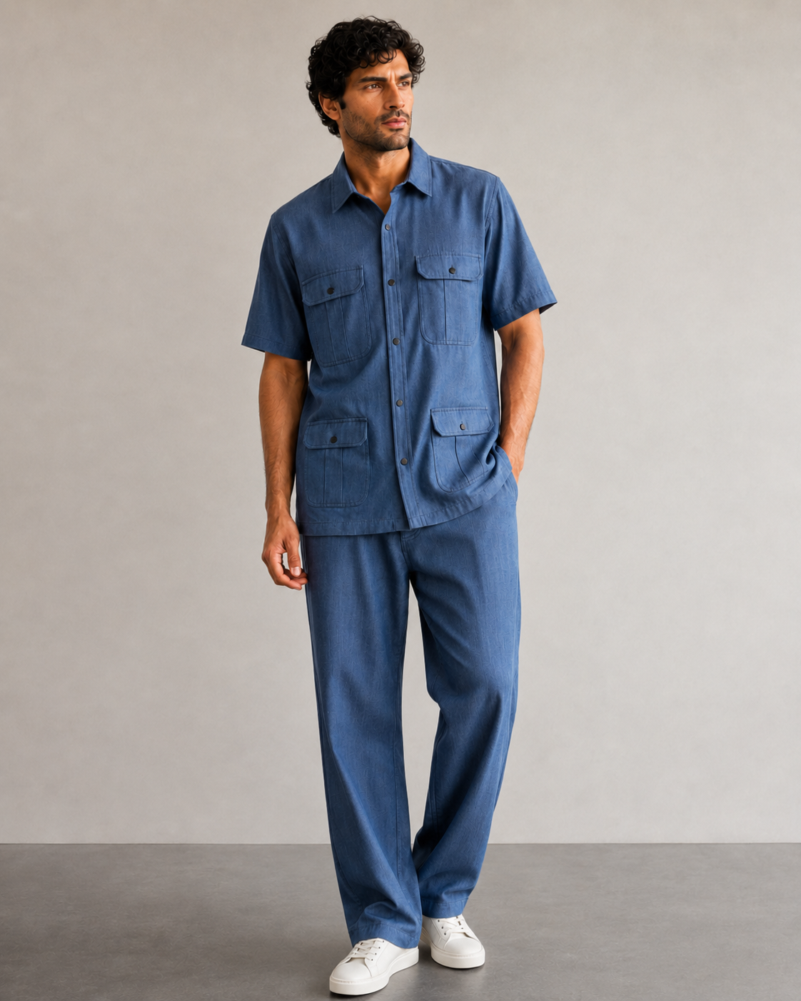 Men’s Denim Blue Utility Cotton PJ Cord Set | Premium Cotton Shirt & Pyjama Co-ord | Luxury Loungewear & Resort Set