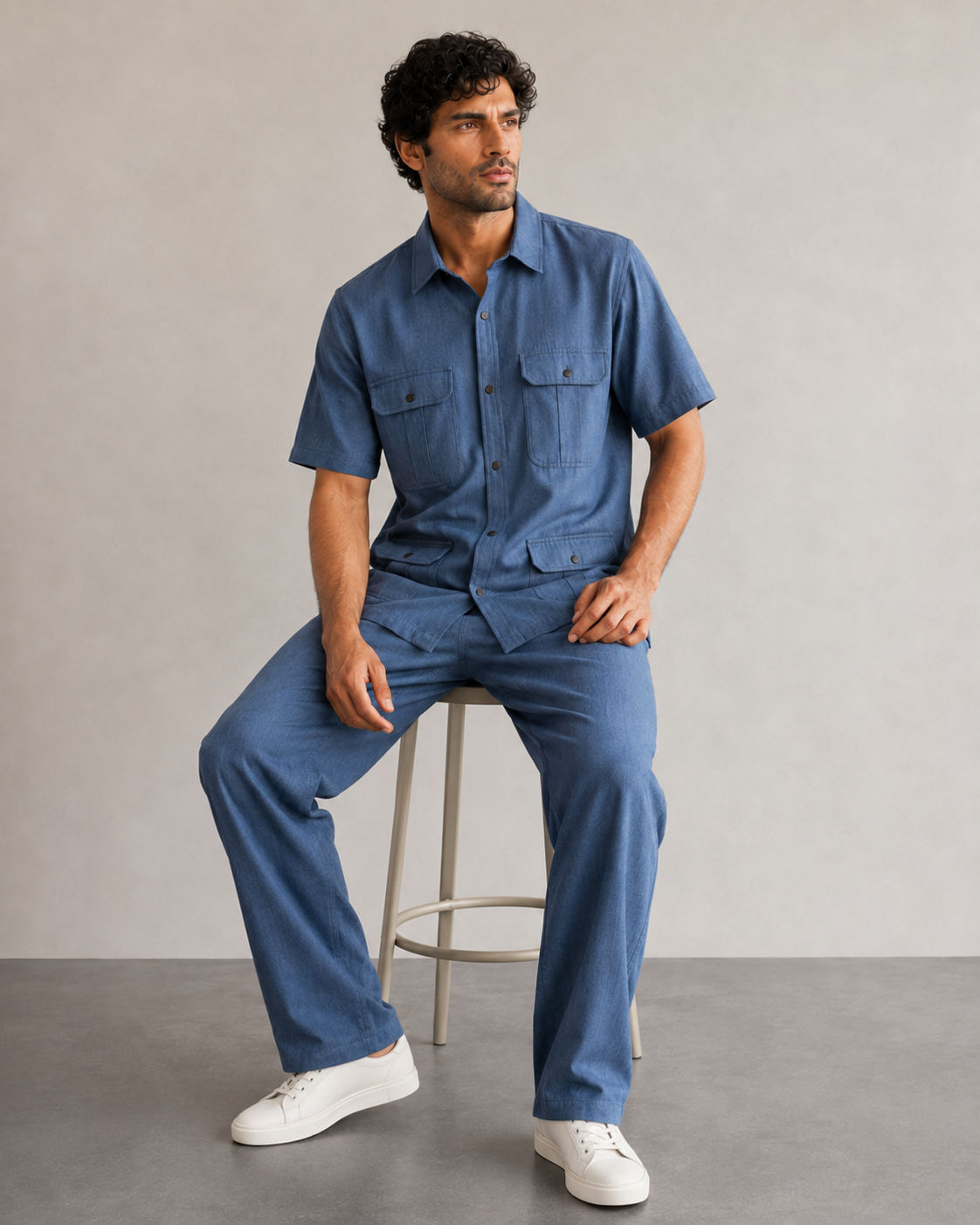 Men’s Denim Blue Utility Cotton PJ Cord Set | Premium Cotton Shirt & Pyjama Co-ord | Luxury Loungewear & Resort Set
