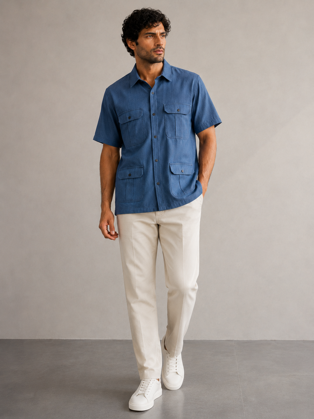 Men’s Denim Blue Utility Cotton PJ Cord Set | Premium Cotton Shirt & Pyjama Co-ord | Luxury Loungewear & Resort Set