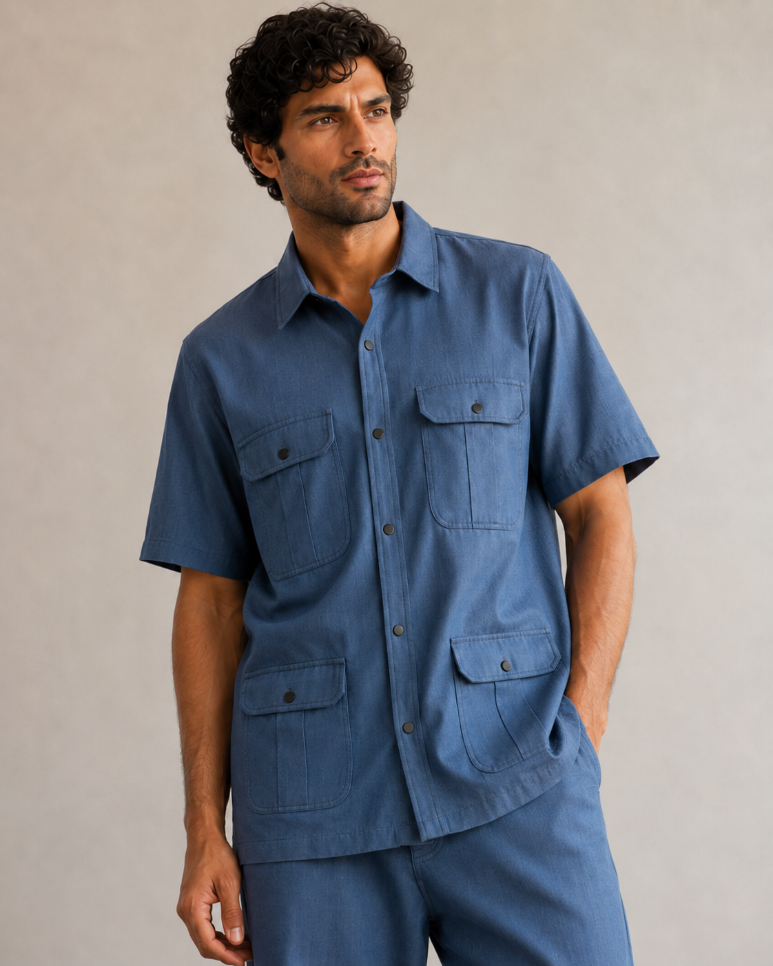 Men’s Denim Blue Utility Cotton PJ Cord Set | Premium Cotton Shirt & Pyjama Co-ord | Luxury Loungewear & Resort Set