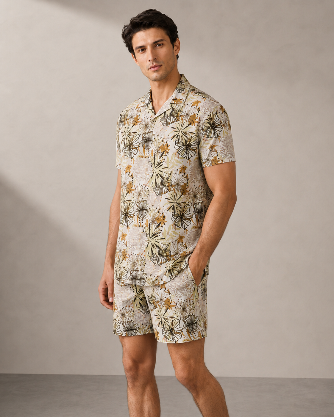 Men’s Earthy Floral Printed Cord Set | Shirt & Shorts Co-ord