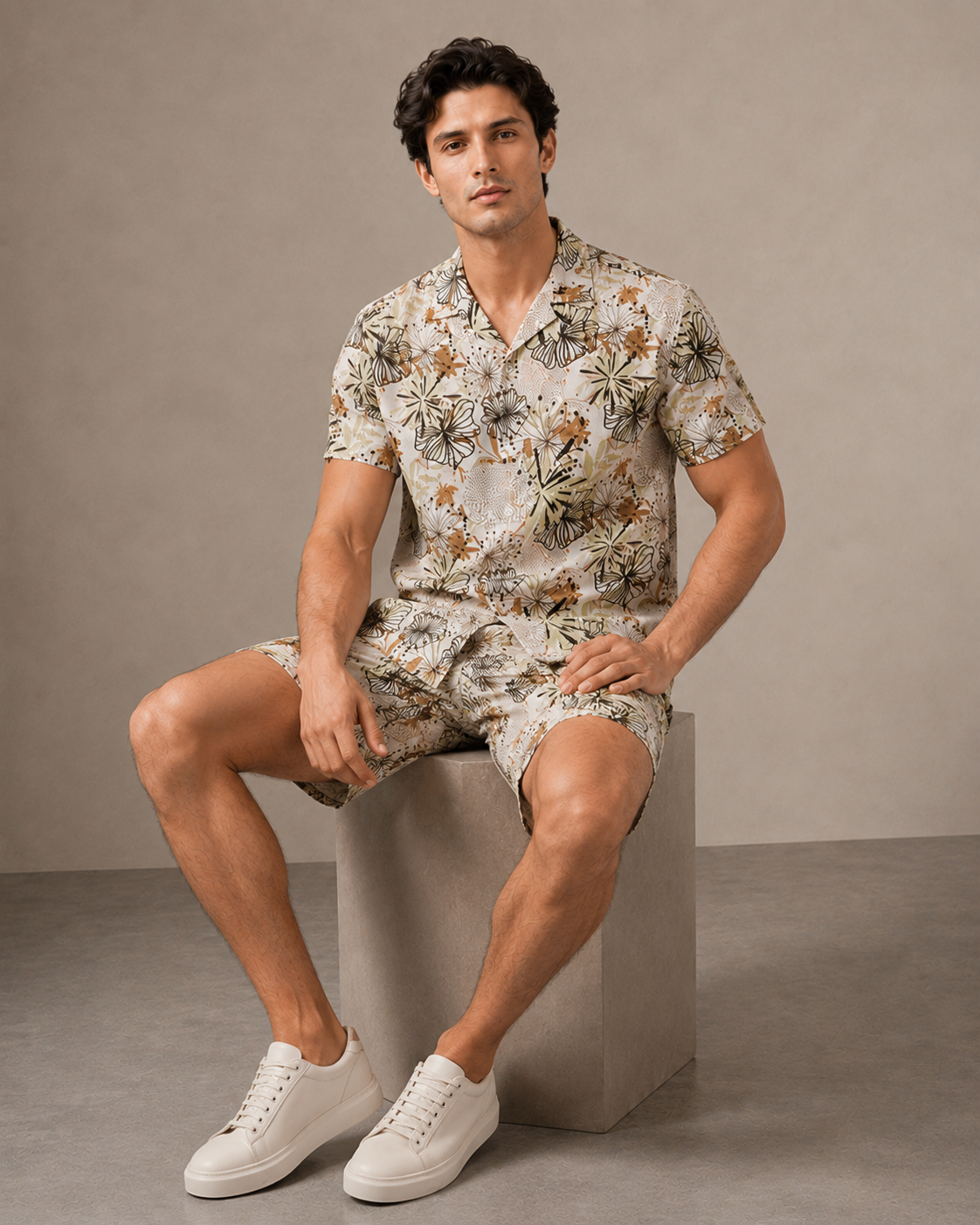 Men’s Earthy Floral Printed Cord Set | Shirt & Shorts Co-ord