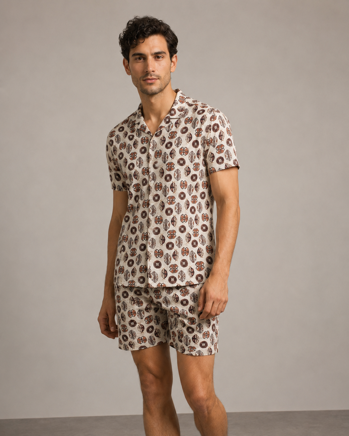 Men’s Earthy Geo Printed Cord Set | Shirt & Shorts Co-ord