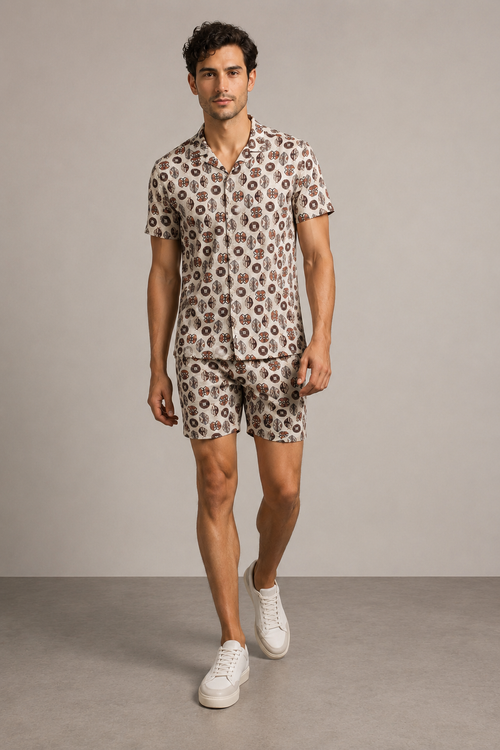 Men’s Earthy Geo Printed Cord Set | Shirt & Shorts Co-ord