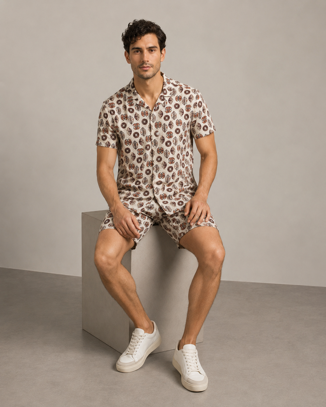 Men’s Earthy Geo Printed Cord Set | Shirt & Shorts Co-ord