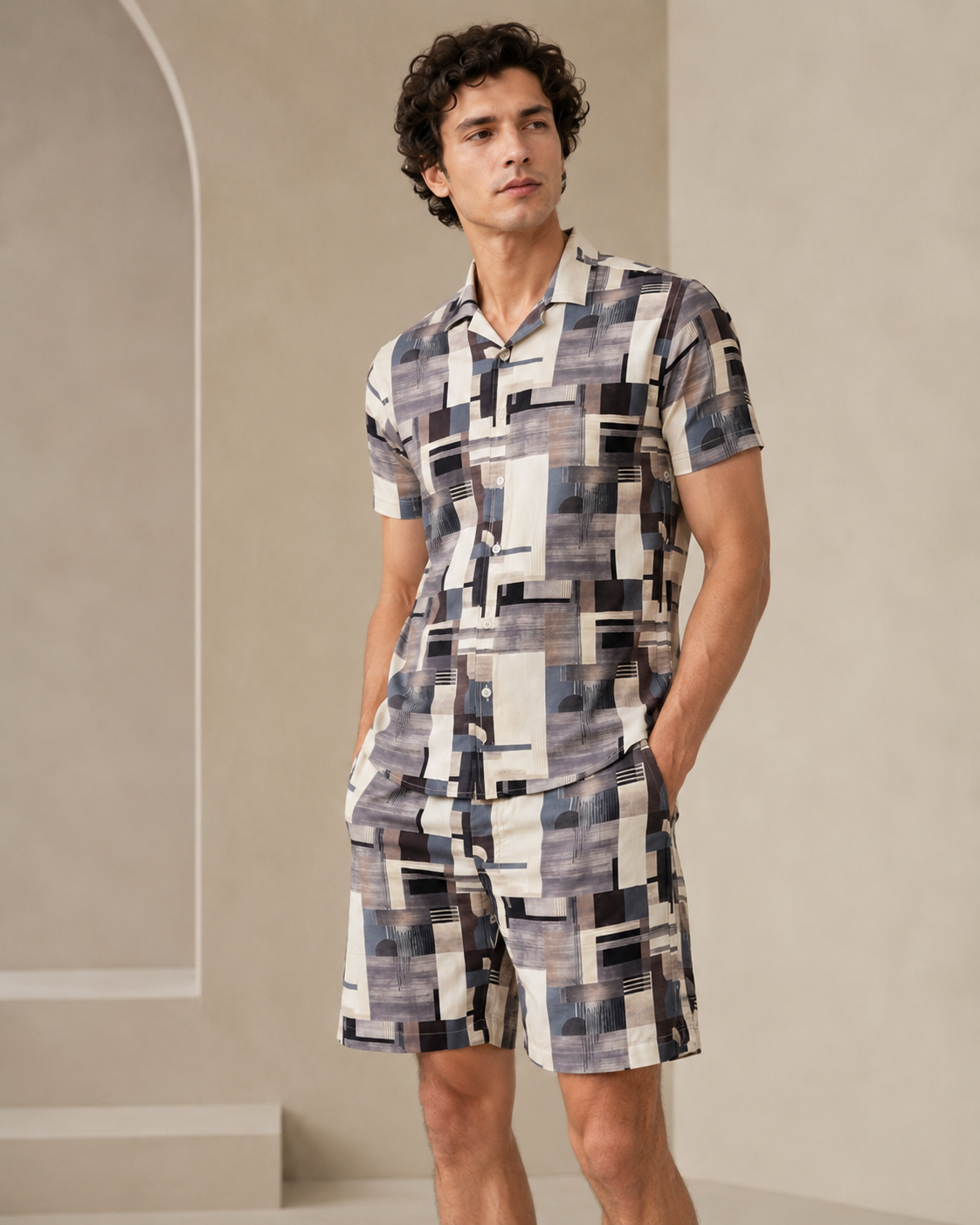 Men’s Geometric Abstract Printed Cord Set | Shirt & Shorts Co-ord