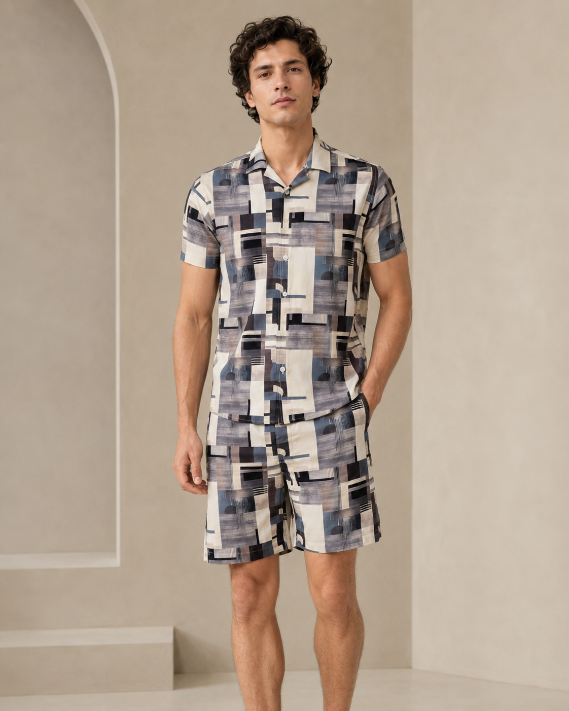 Men’s Geometric Abstract Printed Cord Set | Shirt & Shorts Co-ord