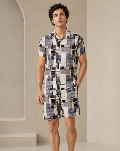 Men’s Geometric Abstract Printed Cord Set | Shirt & Shorts Co-ord