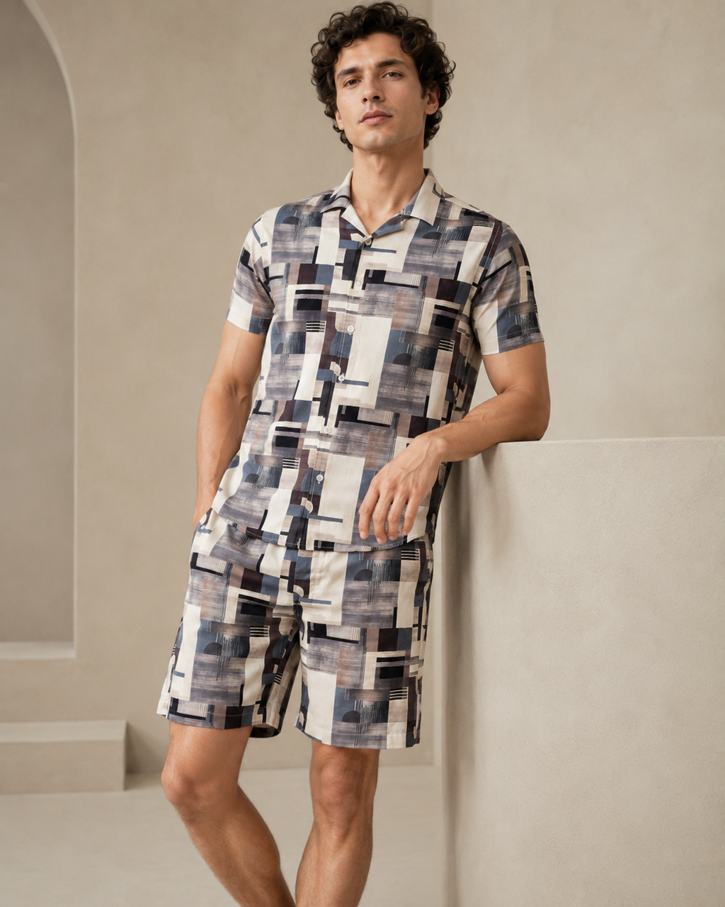 Men’s Geometric Abstract Printed Cord Set | Shirt & Shorts Co-ord