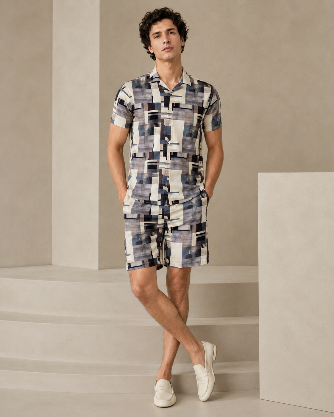 Men’s Geometric Abstract Printed Cord Set | Shirt & Shorts Co-ord