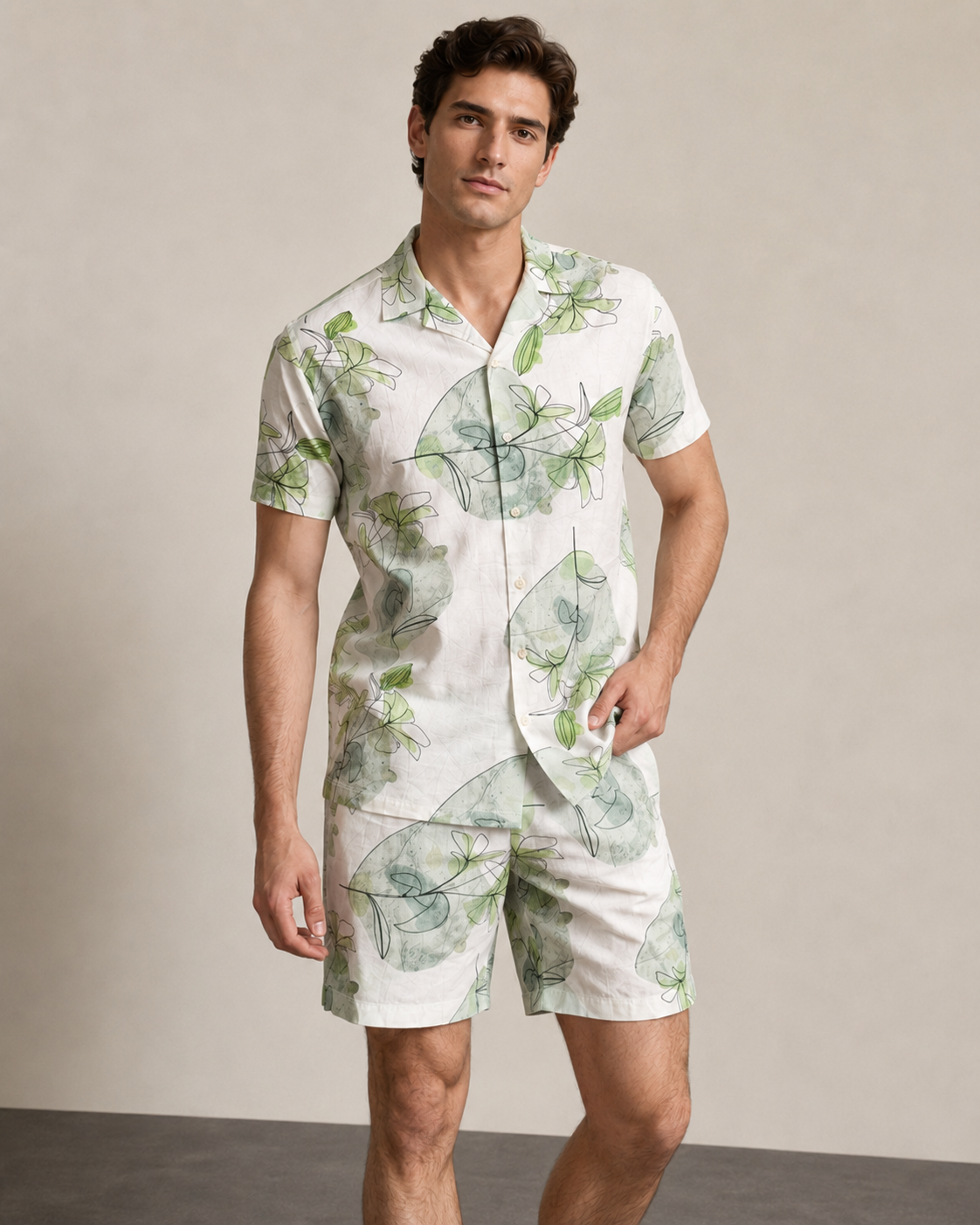 Men’s Green Abstract Leaf Printed Cord Set | Shirt & Shorts Co-ord