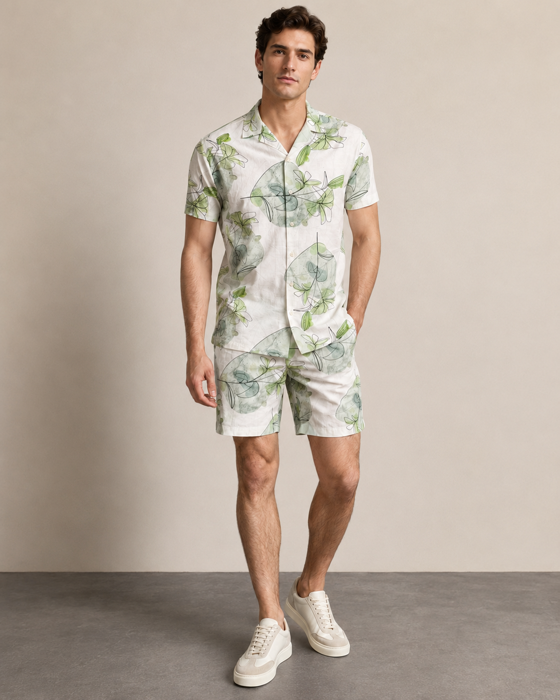 Men’s Green Abstract Leaf Printed Cord Set | Shirt & Shorts Co-ord