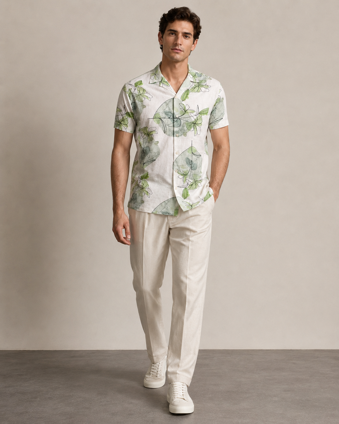 Men’s Green Abstract Leaf Printed Cord Set | Shirt & Shorts Co-ord