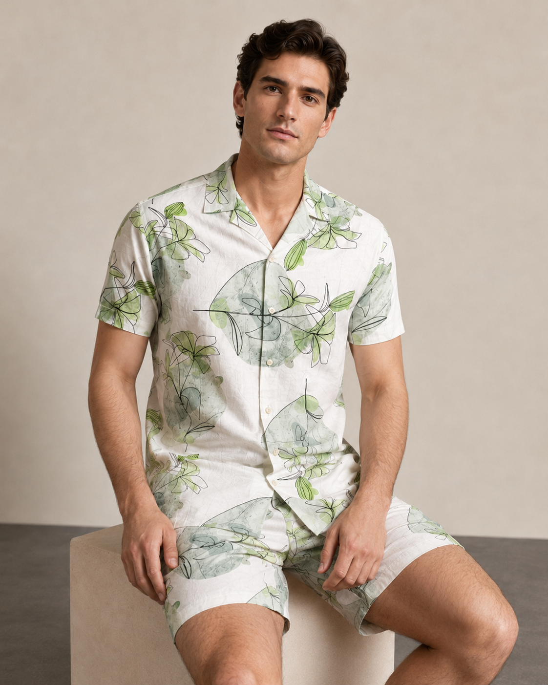 Men’s Green Abstract Leaf Printed Cord Set | Shirt & Shorts Co-ord