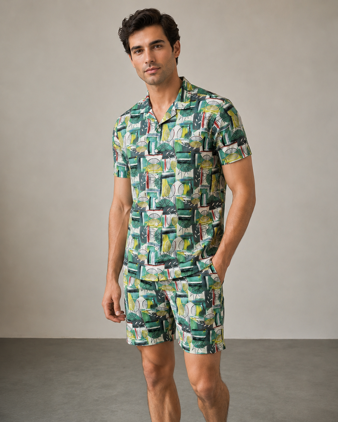 Men’s Green Tropical Geo Printed Cord Set | Shirt & Shorts Co-ord
