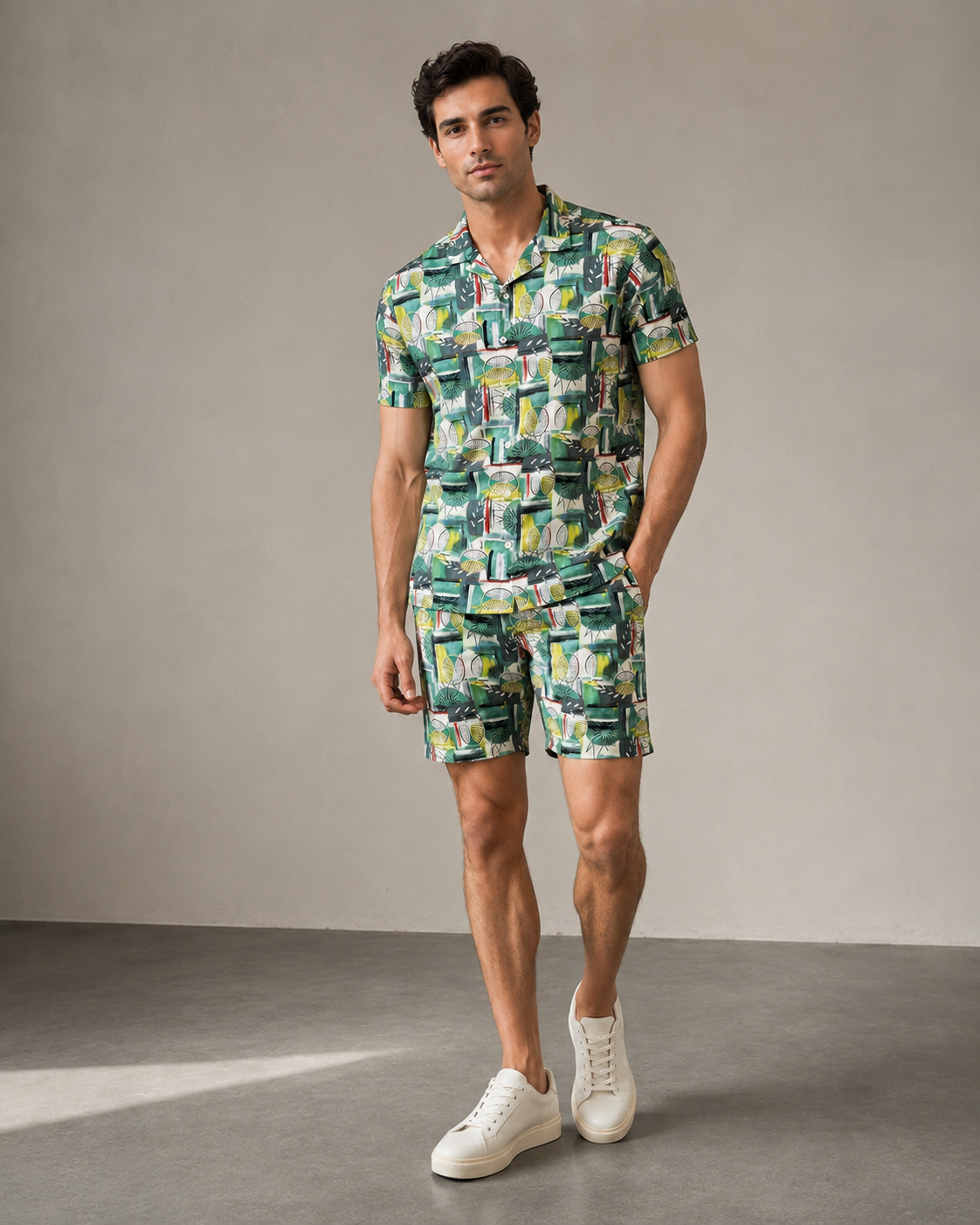Men’s Green Tropical Geo Printed Cord Set | Shirt & Shorts Co-ord