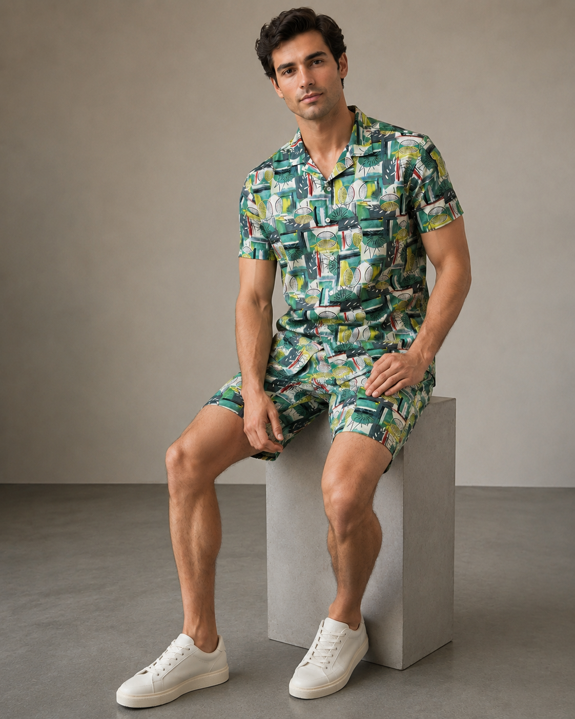 Men’s Green Tropical Geo Printed Cord Set | Shirt & Shorts Co-ord