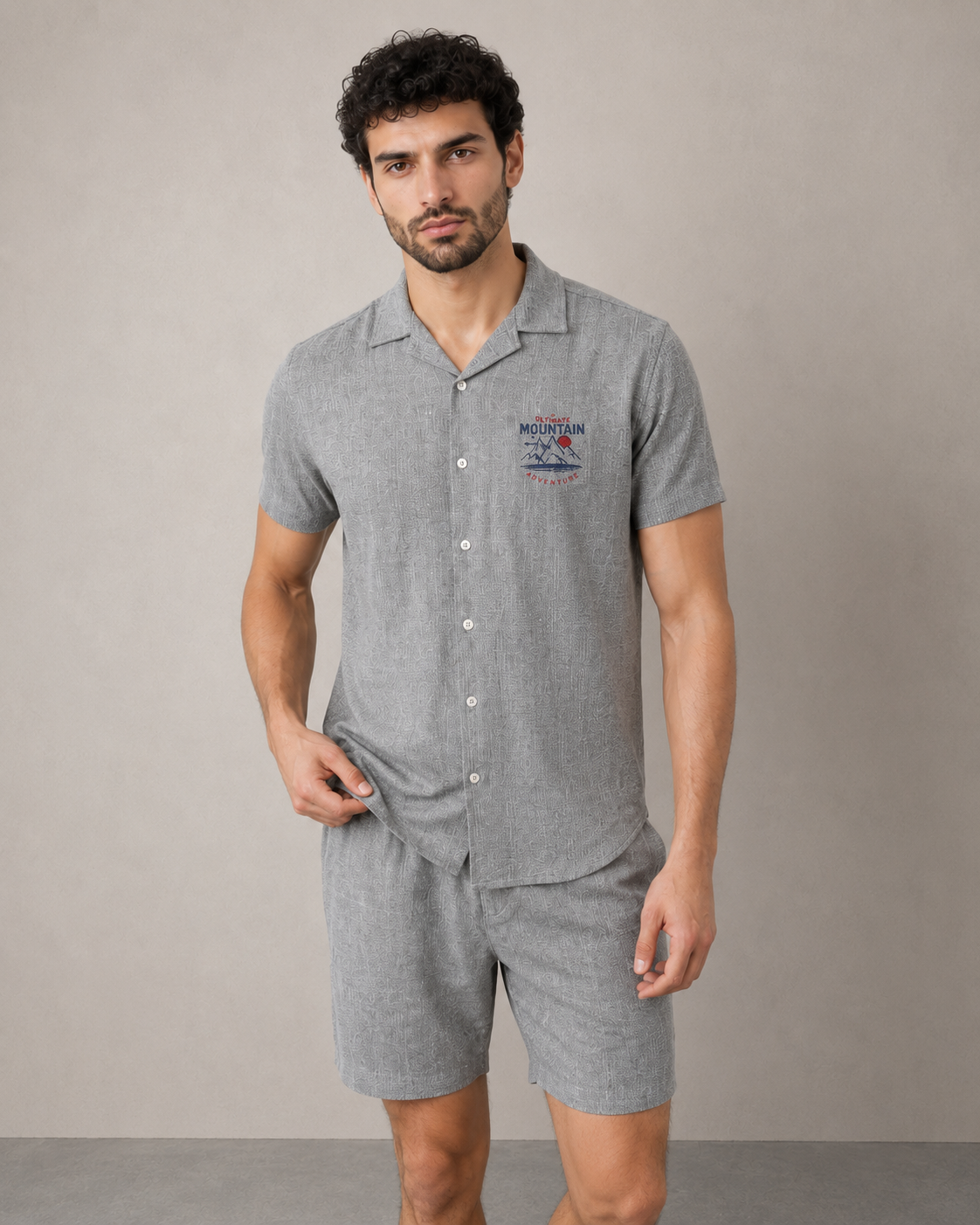 Men’s Grey Mountain Badge Cord Set | Shirt & Shorts Co-ord