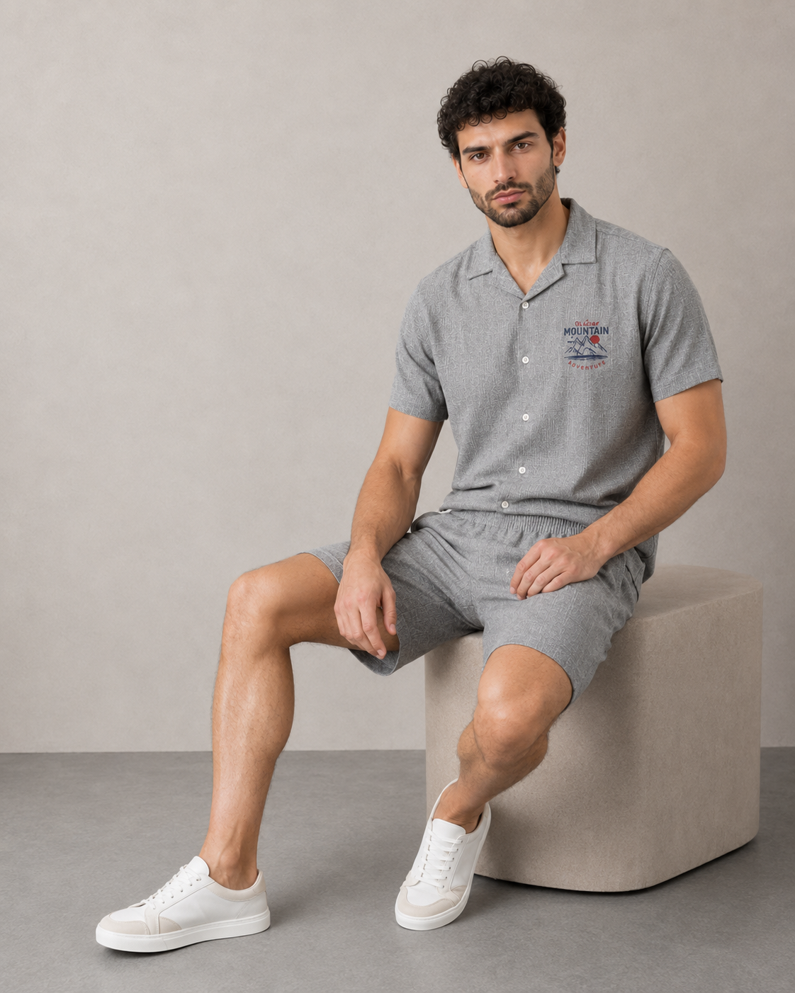 Men’s Grey Mountain Badge Cord Set | Shirt & Shorts Co-ord