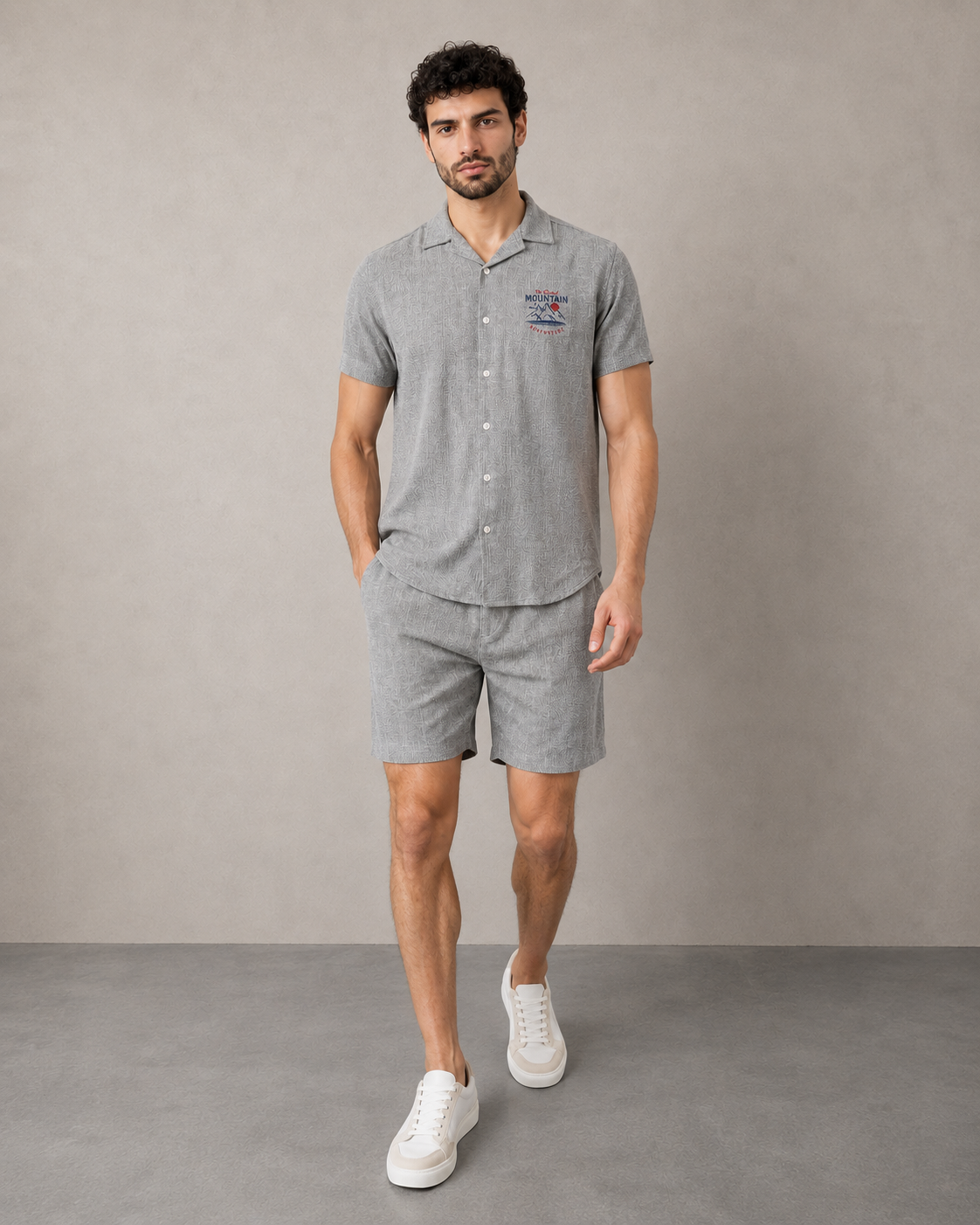 Men’s Grey Mountain Badge Cord Set | Shirt & Shorts Co-ord