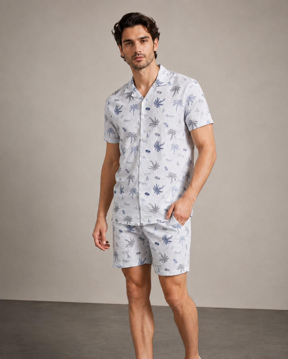 Men’s Ice Blue Palm Stripe Cord Set | Shirt & Shorts Co-ord