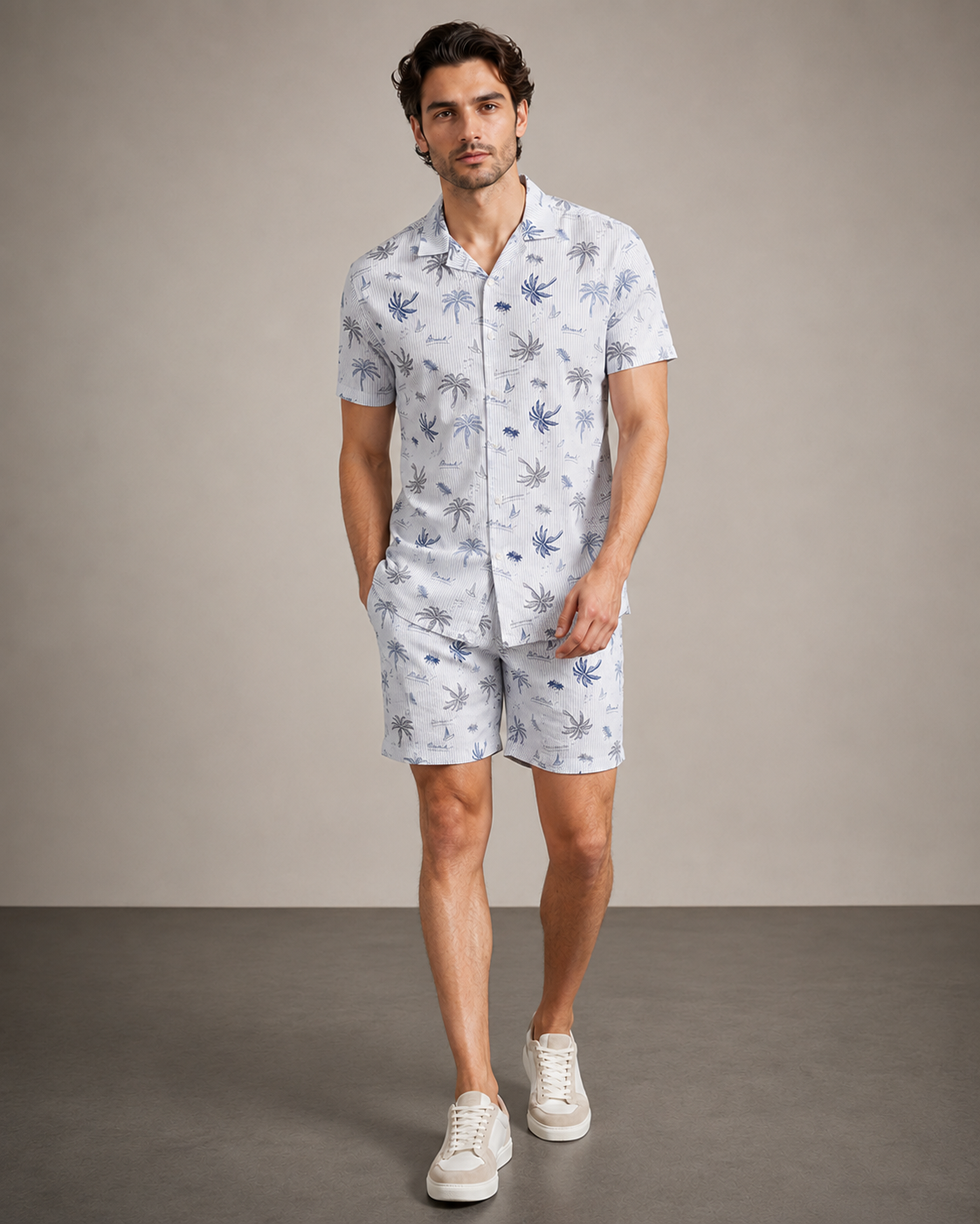 Men’s Ice Blue Palm Stripe Cord Set | Shirt & Shorts Co-ord