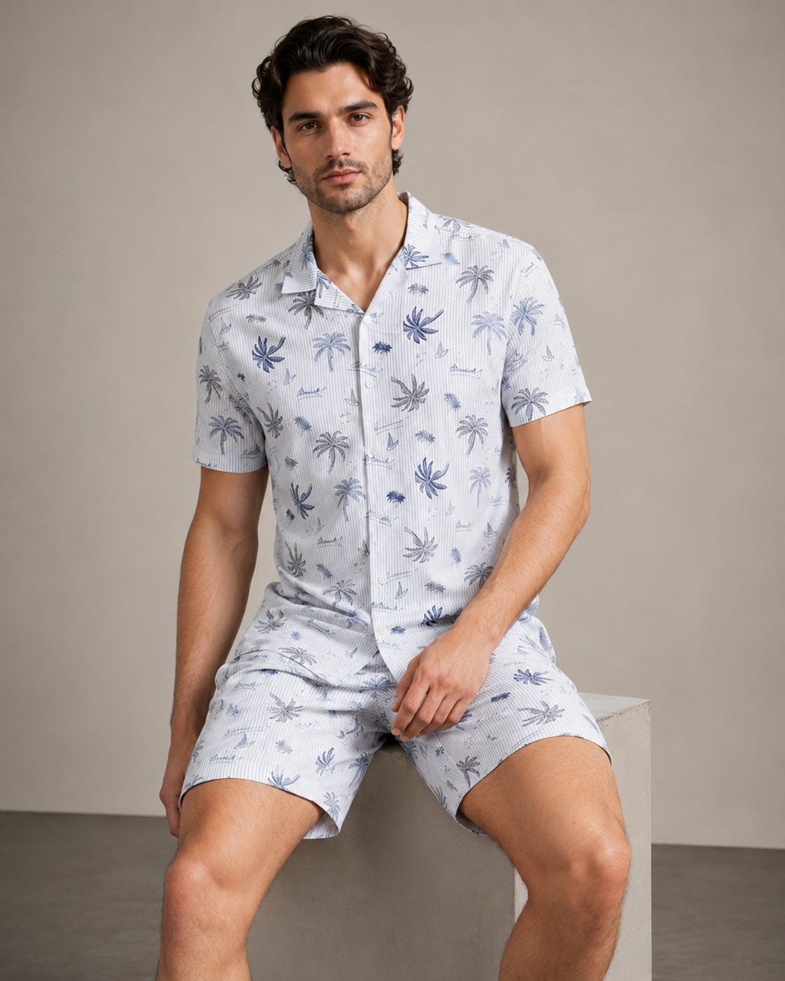 Men’s Ice Blue Palm Stripe Cord Set | Shirt & Shorts Co-ord