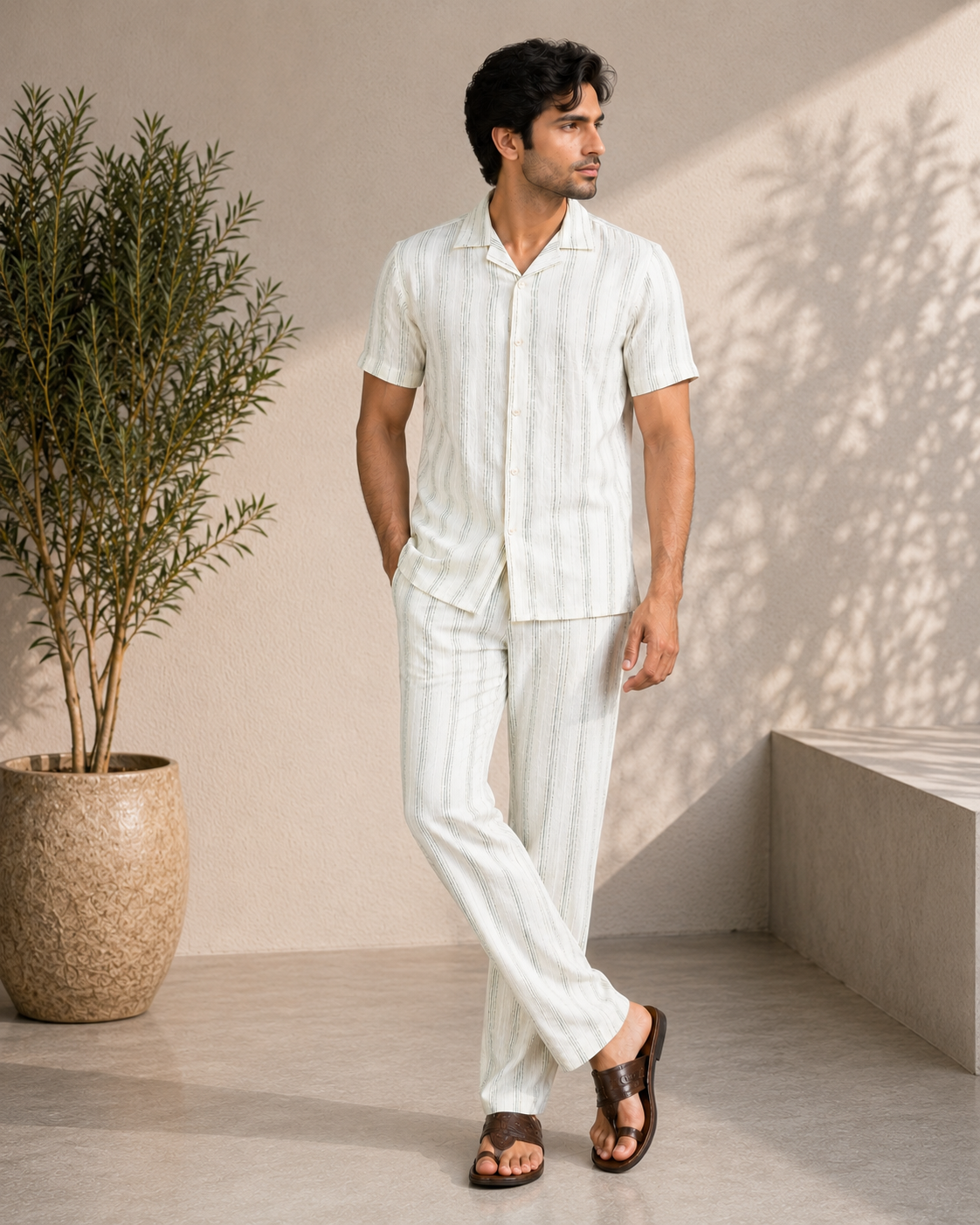 Men’s Ivory green Stripe Cotton PJ Cord Set | Premium Cotton Shirt & Pyjama Co-ord | Luxury Loungewear & Resort Set