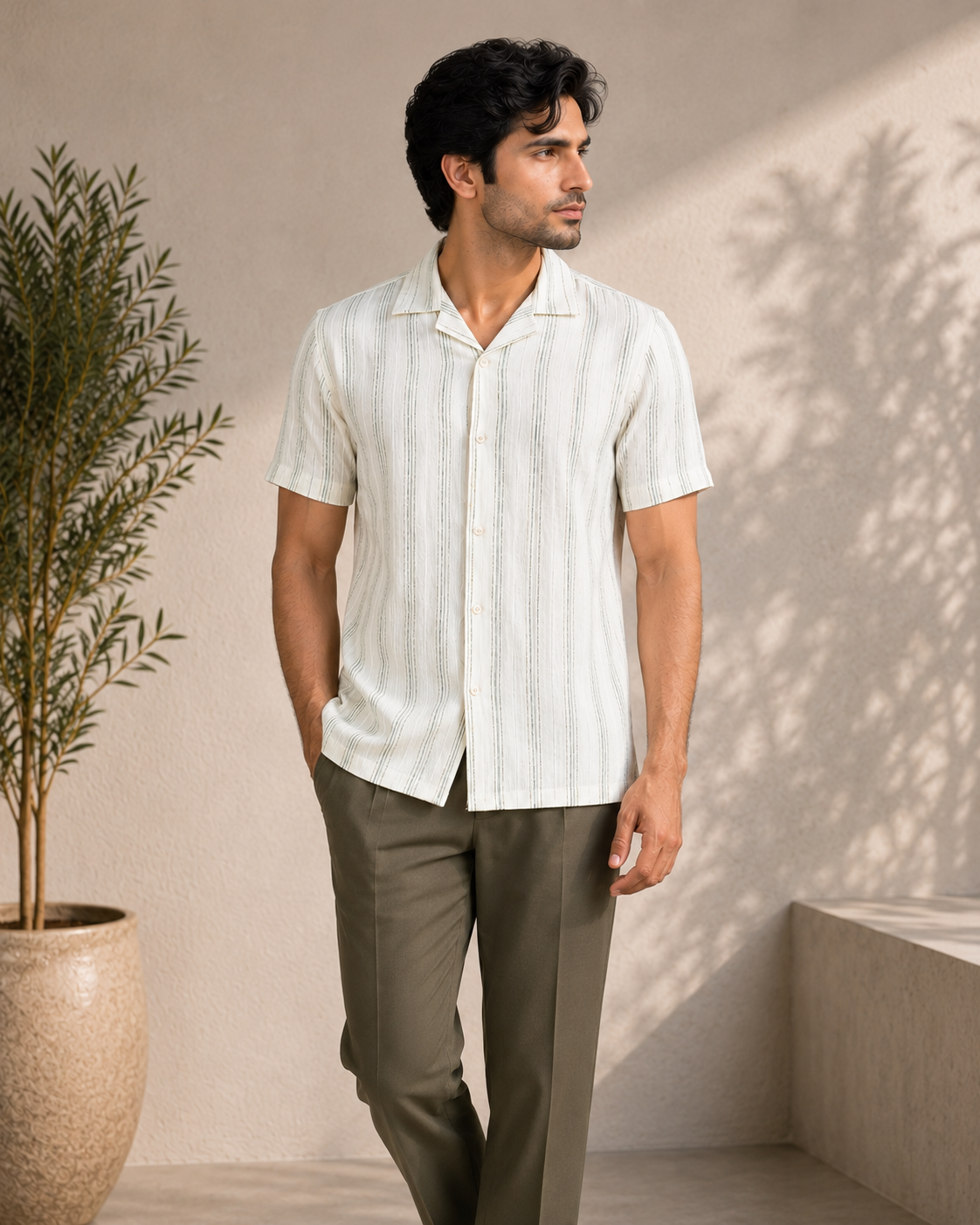 Men’s Ivory green Stripe Cotton PJ Cord Set | Premium Cotton Shirt & Pyjama Co-ord | Luxury Loungewear & Resort Set