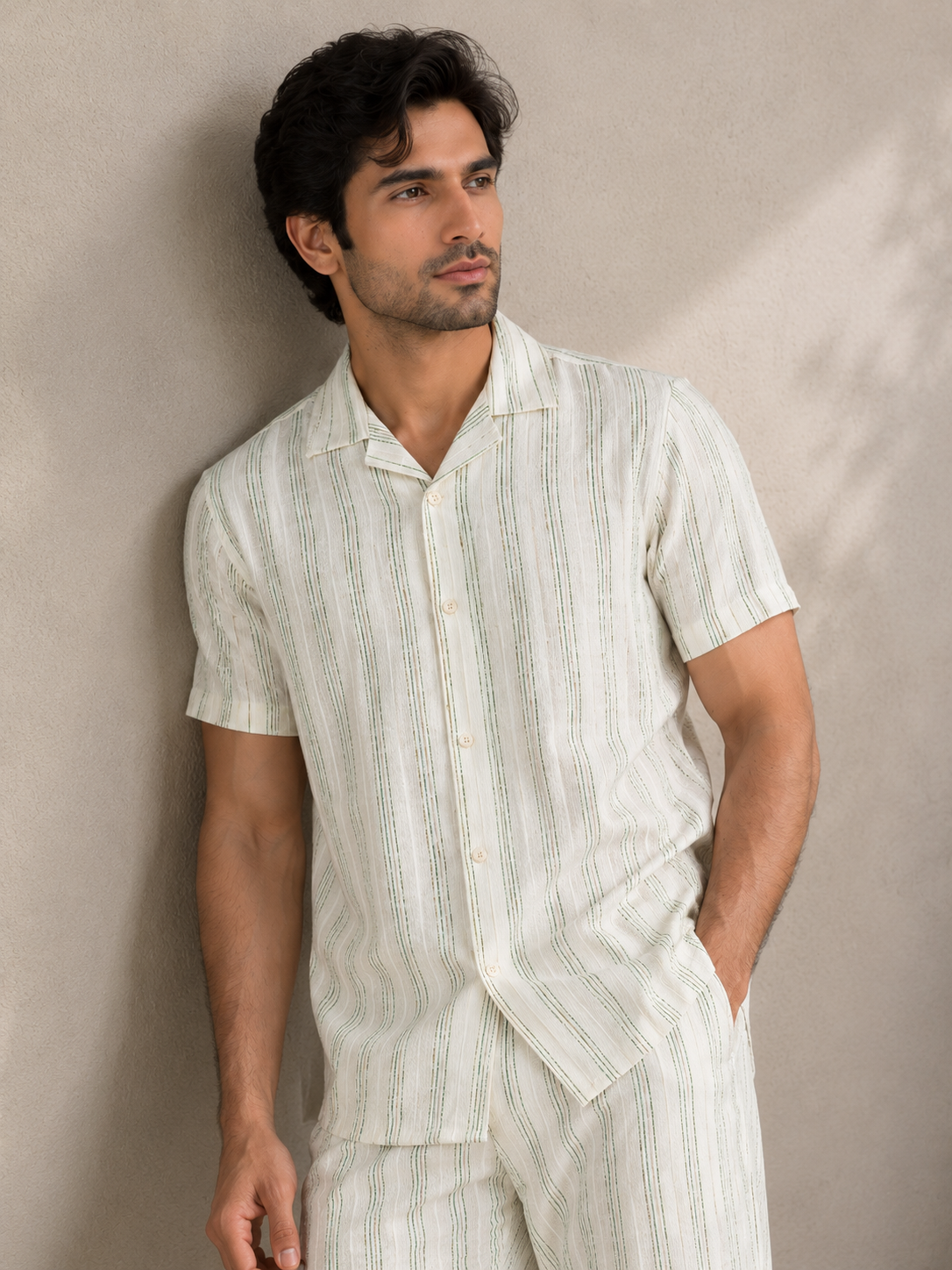 Men’s Ivory green Stripe Cotton PJ Cord Set | Premium Cotton Shirt & Pyjama Co-ord | Luxury Loungewear & Resort Set