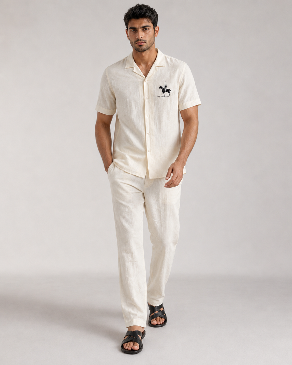 Men’s Ivory Pure Linen PJ Cord Set | 60 Lea Premium Linen Shirt & Pyjama Co-ord | Luxury Loungewear & Resort Set