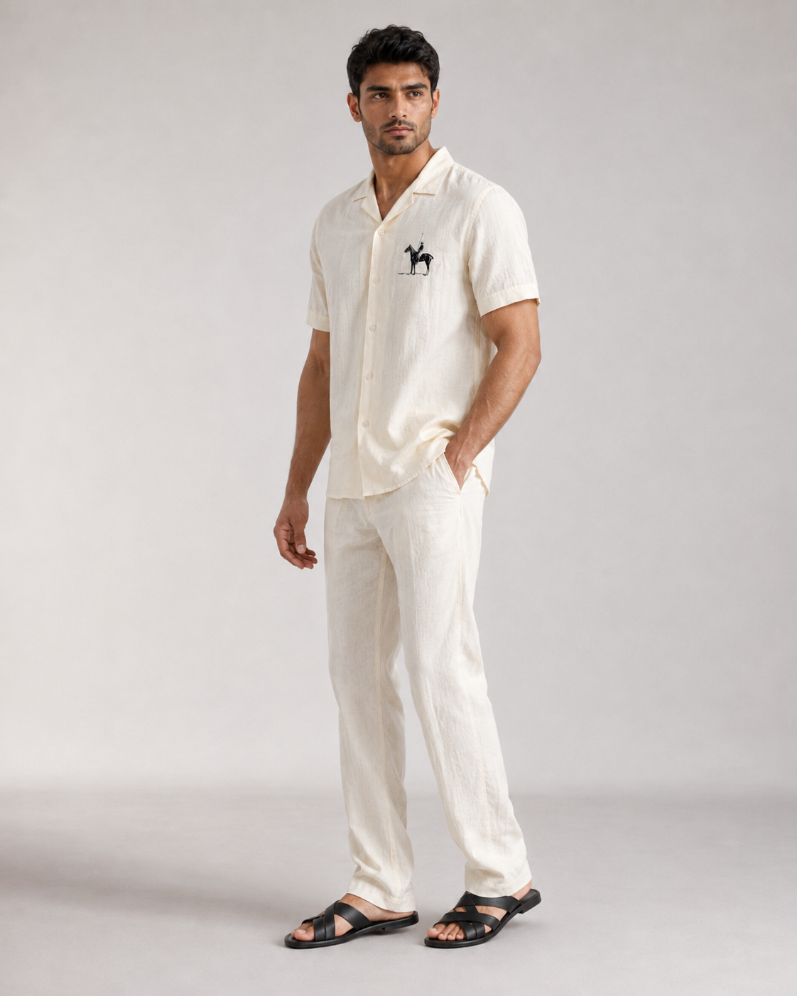 Men’s Ivory Pure Linen PJ Cord Set | 60 Lea Premium Linen Shirt & Pyjama Co-ord | Luxury Loungewear & Resort Set