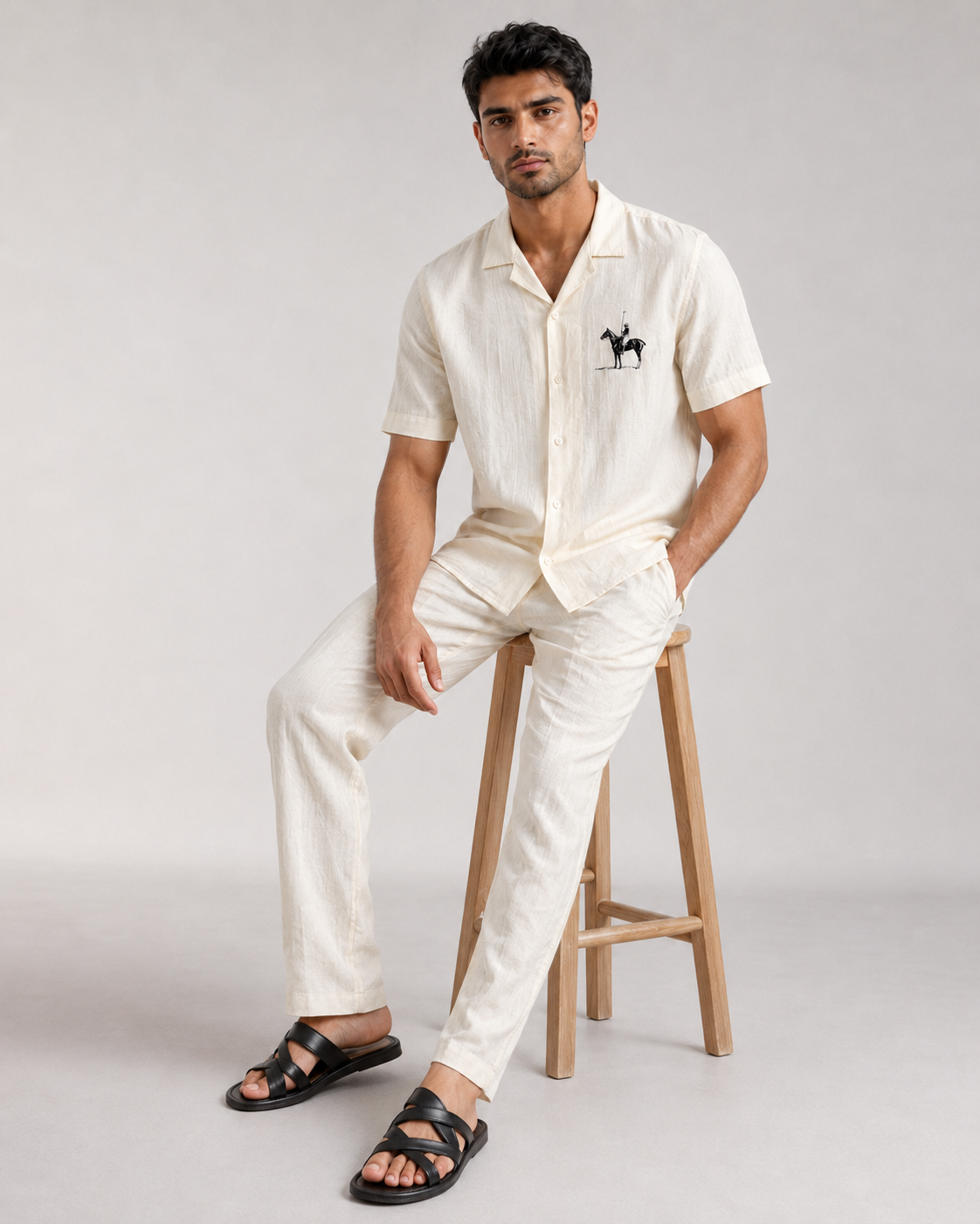Men’s Ivory Pure Linen PJ Cord Set | 60 Lea Premium Linen Shirt & Pyjama Co-ord | Luxury Loungewear & Resort Set