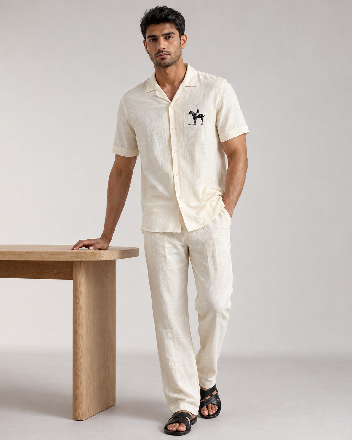 Men’s Ivory Pure Linen PJ Cord Set | 60 Lea Premium Linen Shirt & Pyjama Co-ord | Luxury Loungewear & Resort Set