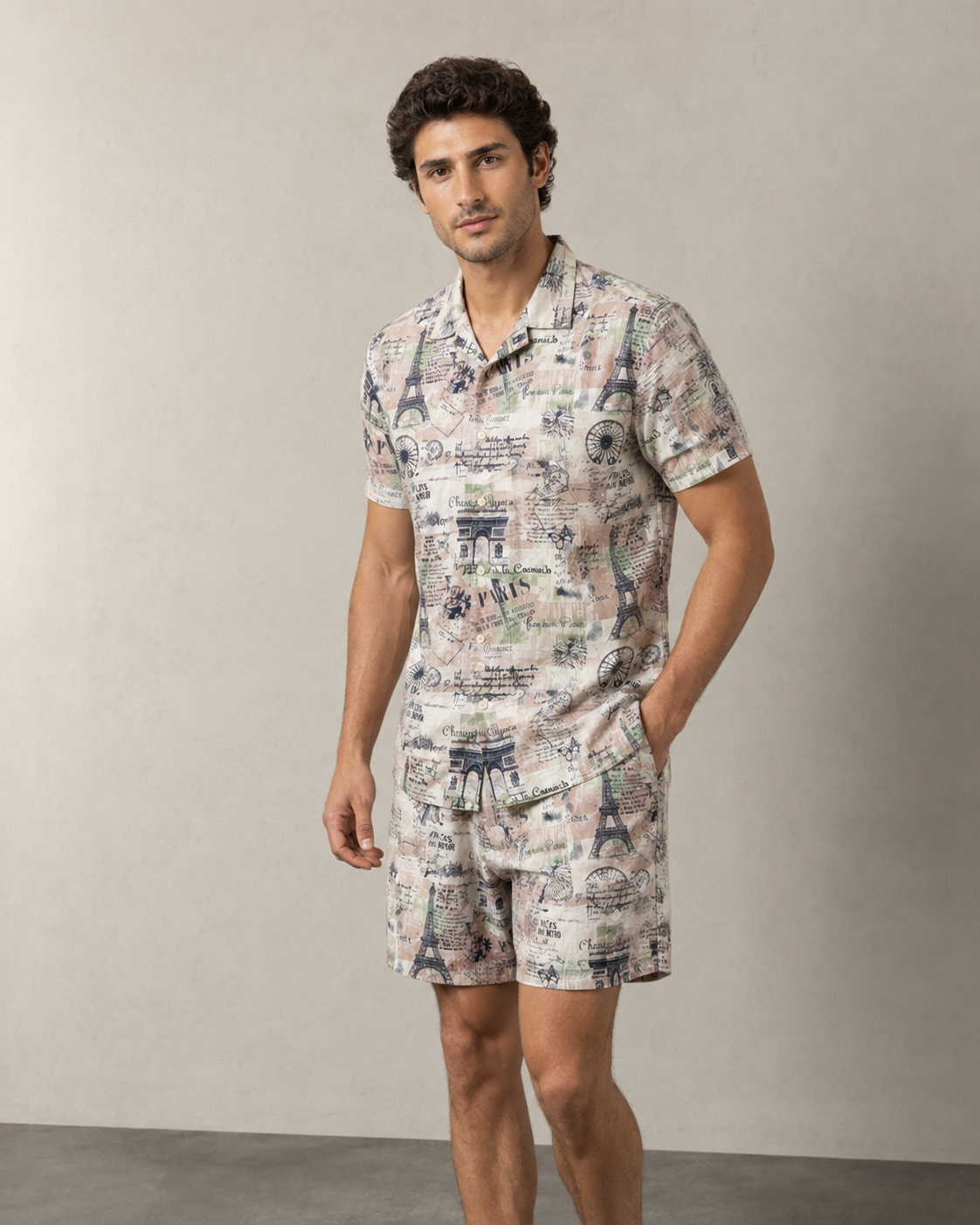 Men’s Ivory Vintage Paris Printed Cord Set | Shirt & Shorts Co-ord