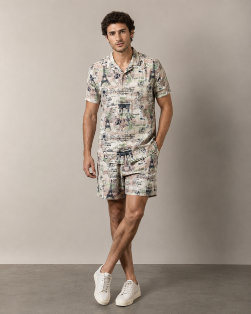 Men’s Ivory Vintage Paris Printed Cord Set | Shirt & Shorts Co-ord