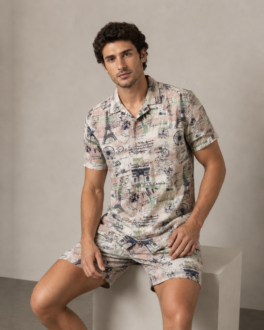 Men’s Ivory Vintage Paris Printed Cord Set | Shirt & Shorts Co-ord