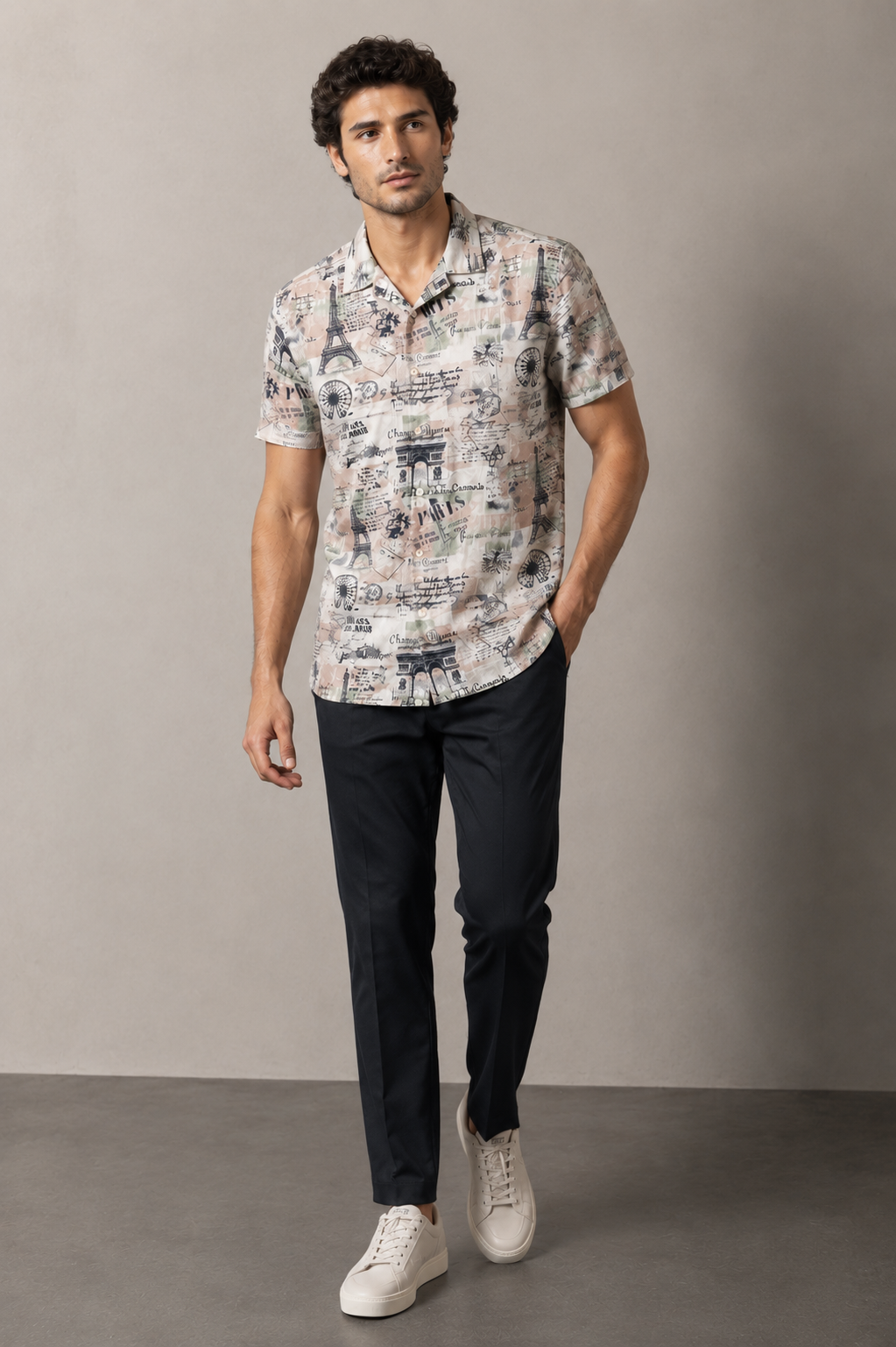 Men’s Ivory Vintage Paris Printed Cord Set | Shirt & Shorts Co-ord