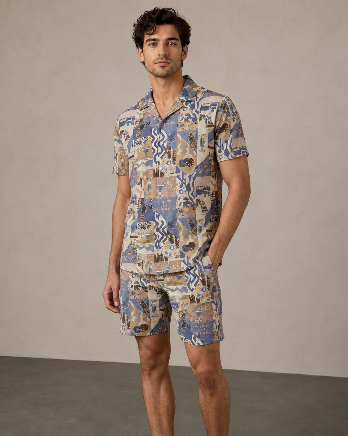 Men’s Mediterranean Patchwork Printed Cord Set | Shirt & Shorts Co-ord