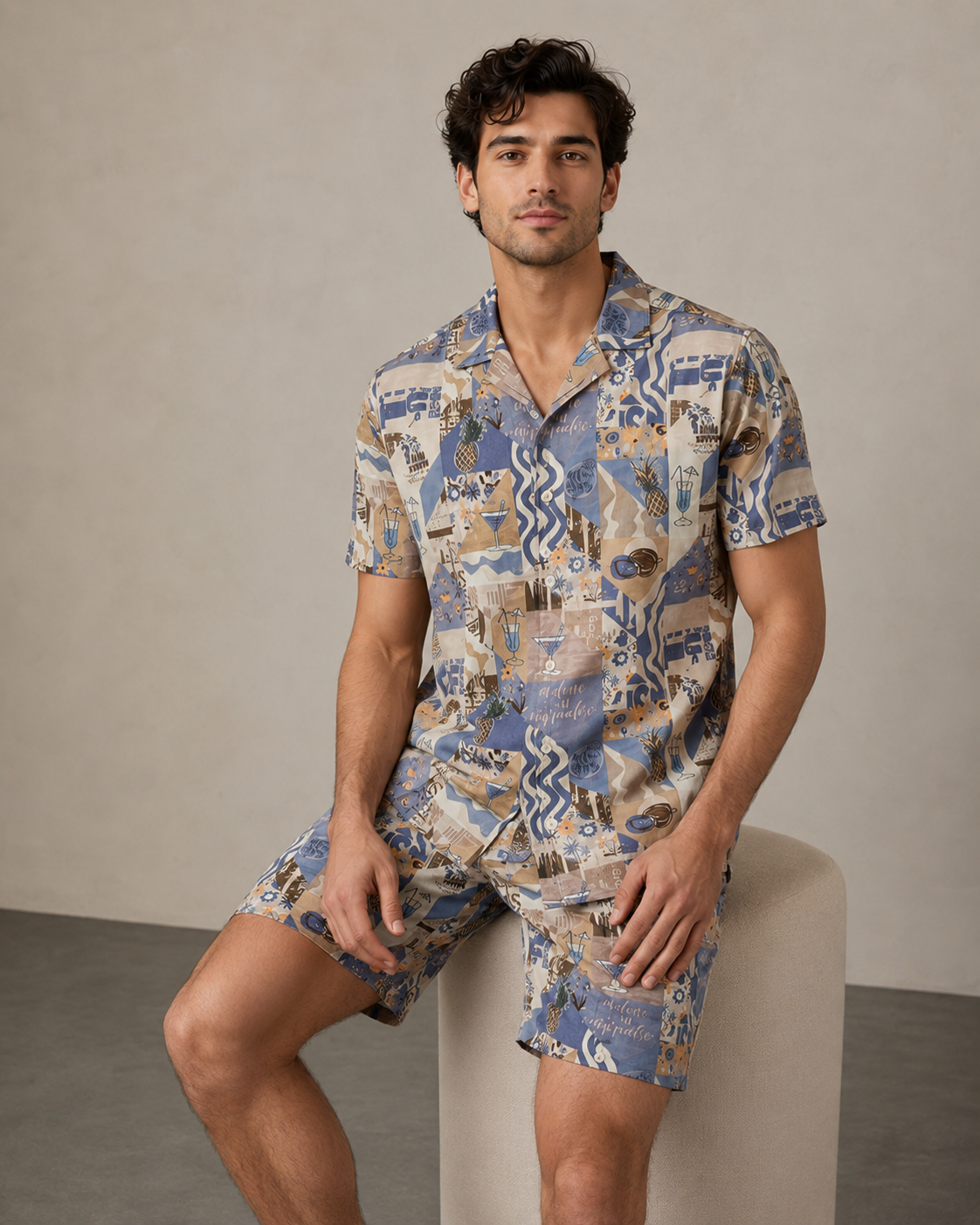 Men’s Mediterranean Patchwork Printed Cord Set | Shirt & Shorts Co-ord