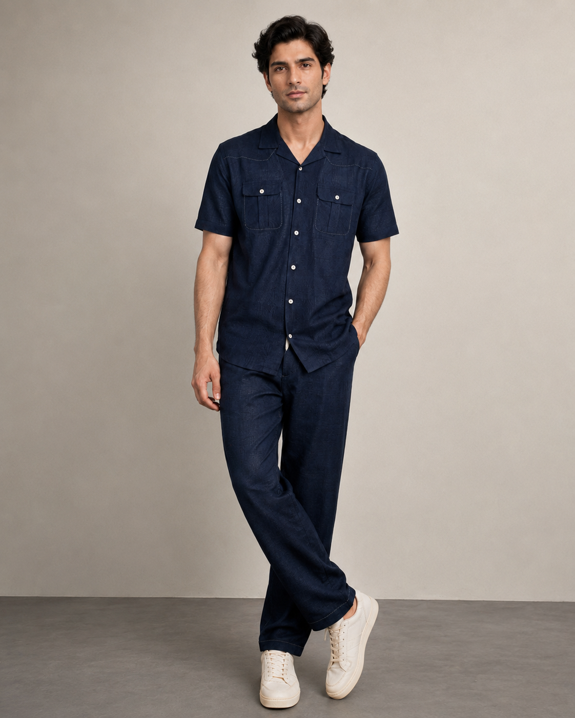 Men’s Navy Textured Cotton PJ Cord Set | Premium Utility Shirt & Pyjama Co-ord | Luxury Loungewear & Resort Set