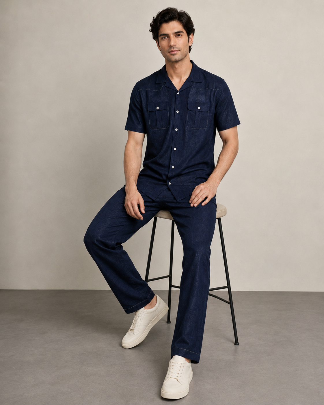Men’s Navy Textured Cotton PJ Cord Set | Premium Utility Shirt & Pyjama Co-ord | Luxury Loungewear & Resort Set